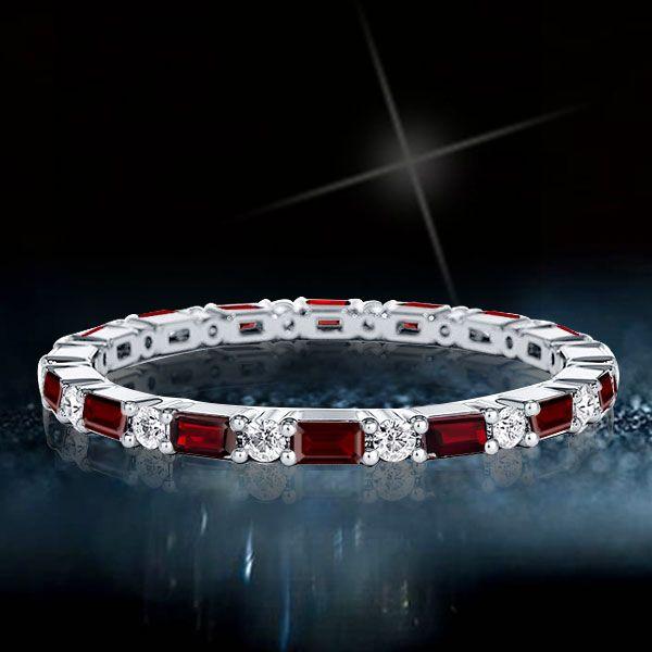 Eternity Thin Garnet Baguette Wedding Band - Sterling Silver Ring