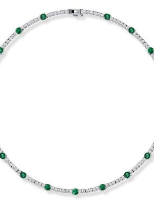 Round Cut Emerald and Sapphire Tennis Necklace in Rhodium-Plated Sterling Silver