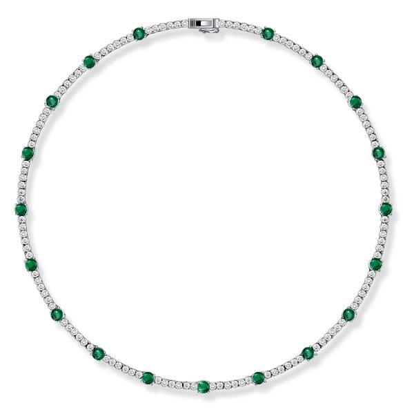Round Cut Emerald and Sapphire Tennis Necklace in Rhodium-Plated Sterling Silver