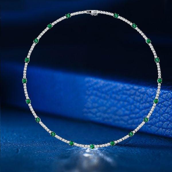 Round Cut Emerald and Sapphire Tennis Necklace in Rhodium-Plated Sterling Silver