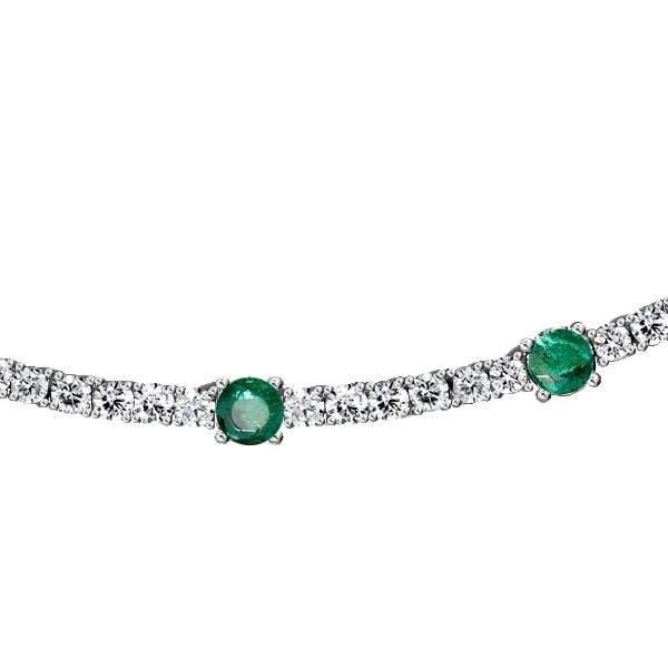 Round Cut Emerald and Sapphire Tennis Necklace in Rhodium-Plated Sterling Silver