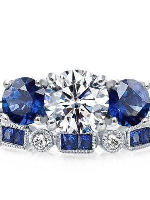 Three Stone Round Cut White and Blue Sapphire Bridal Jewelry Set in Sterling Silver