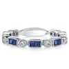 Three Stone Round Cut White and Blue Sapphire Bridal Jewelry Set in Sterling Silver