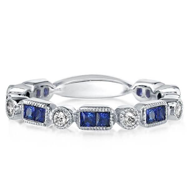 Three Stone Round Cut White and Blue Sapphire Bridal Jewelry Set in Sterling Silver