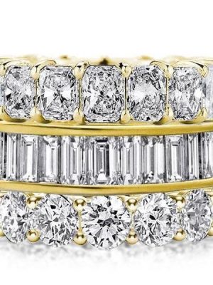 Golden Stackable Ring Set - Triple Row Radiant & Baguette Bands - 18K Gold Plated Sterling Silver