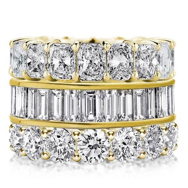 Golden Stackable Ring Set - Triple Row Radiant & Baguette Bands - 18K Gold Plated Sterling Silver