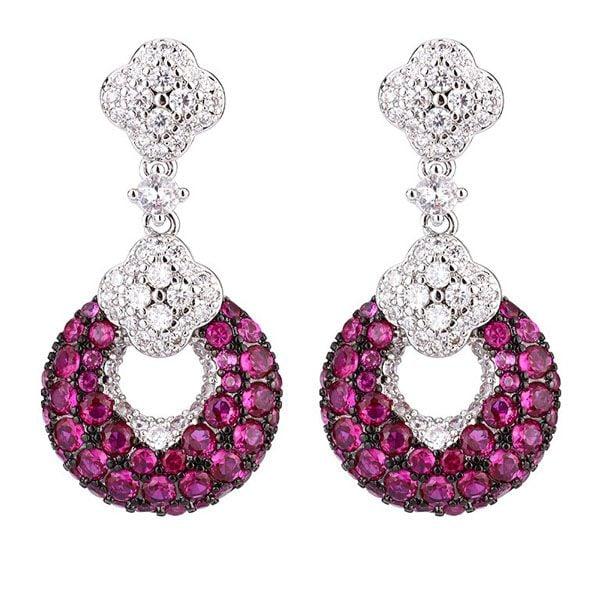 Sterling Silver Drop Earrings with Round Cut Ruby and Sapphire Stones
