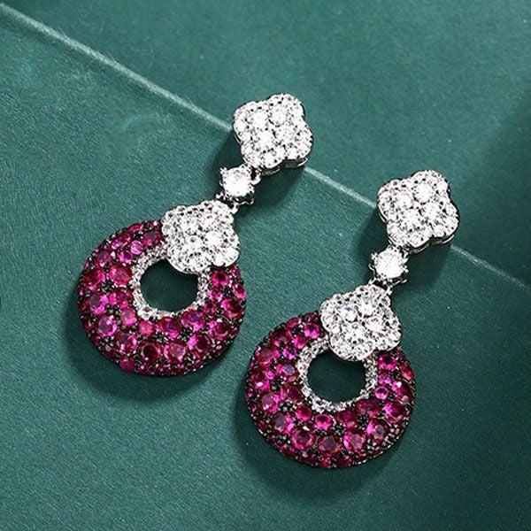 Sterling Silver Drop Earrings with Round Cut Ruby and Sapphire Stones