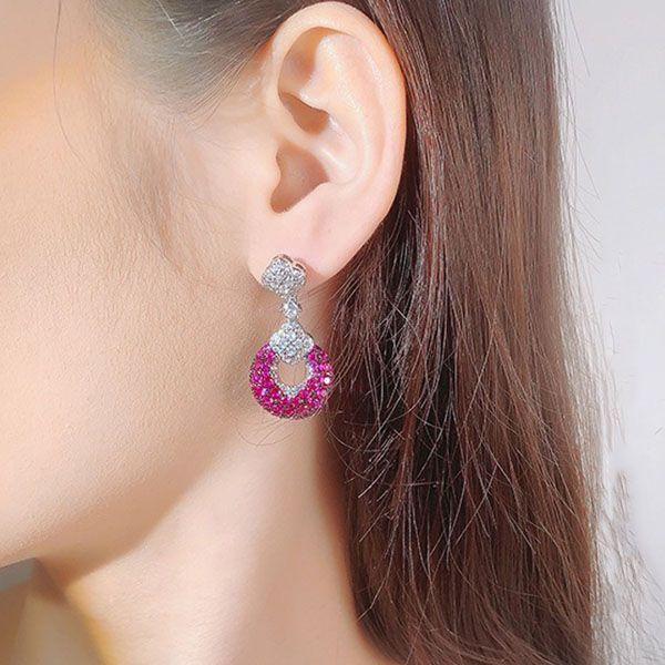 Sterling Silver Drop Earrings with Round Cut Ruby and Sapphire Stones