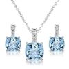 Aquamarine & Sapphire Sterling Silver Necklace and Earring Set - Cushion Cut