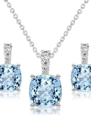 Aquamarine & Sapphire Sterling Silver Necklace and Earring Set - Cushion Cut