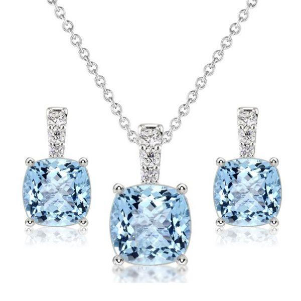 Aquamarine & Sapphire Sterling Silver Necklace and Earring Set - Cushion Cut
