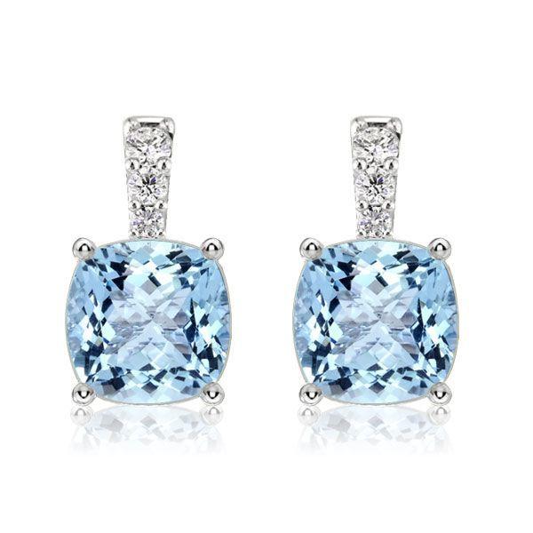 Aquamarine & Sapphire Sterling Silver Necklace and Earring Set - Cushion Cut