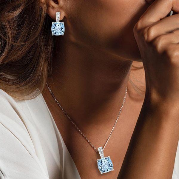 Aquamarine & Sapphire Sterling Silver Necklace and Earring Set - Cushion Cut