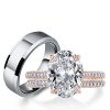 Matching Couple Rings Set: Oval White Sapphire Trio - Sterling Silver & Titanium Wedding Bands
