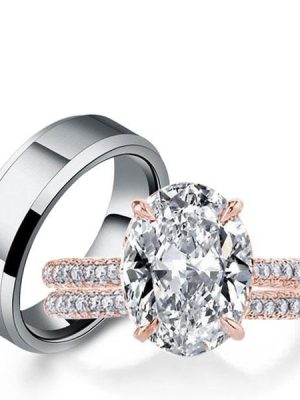 Matching Couple Rings Set: Oval White Sapphire Trio - Sterling Silver & Titanium Wedding Bands