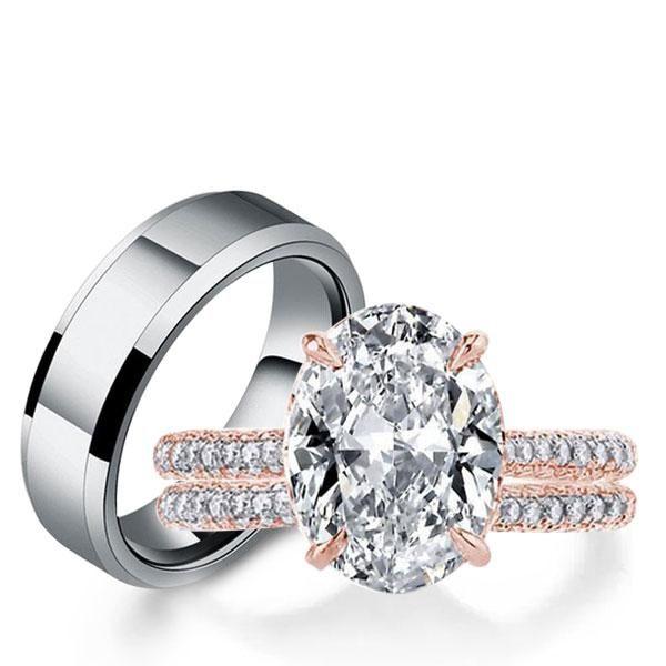 Matching Couple Rings Set: Oval White Sapphire Trio - Sterling Silver & Titanium Wedding Bands