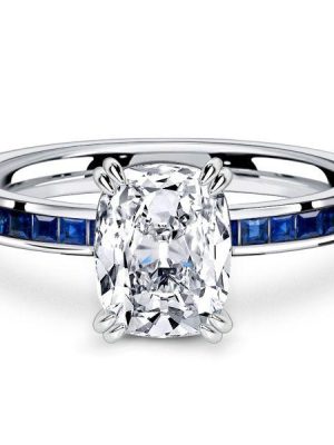 Channel Set Cushion Cut White Sapphire Engagement Ring in Rhodium Plated Sterling Silver