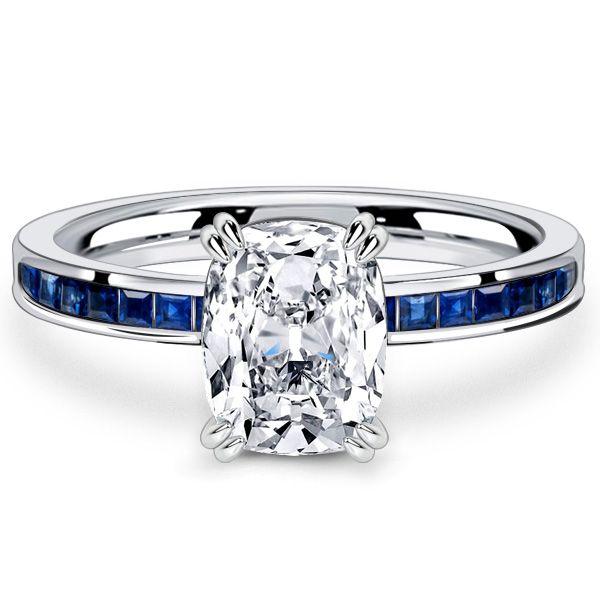 Channel Set Cushion Cut White Sapphire Engagement Ring in Rhodium Plated Sterling Silver