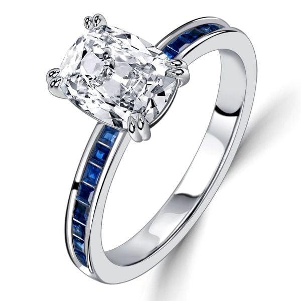 Channel Set Cushion Cut White Sapphire Engagement Ring in Rhodium Plated Sterling Silver