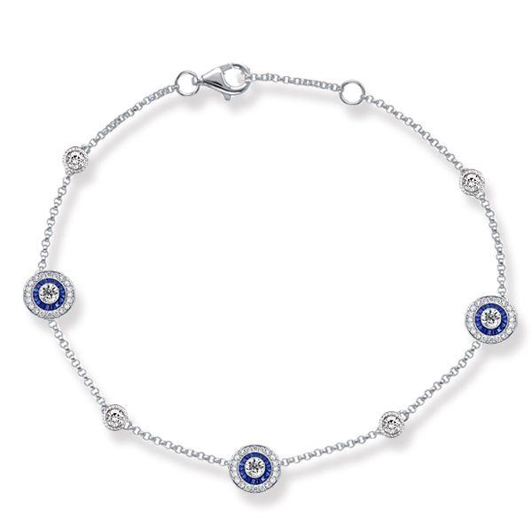 Blue Sapphire & Sterling Silver Vintage Halo Charm Bracelet - Chain Bracelet