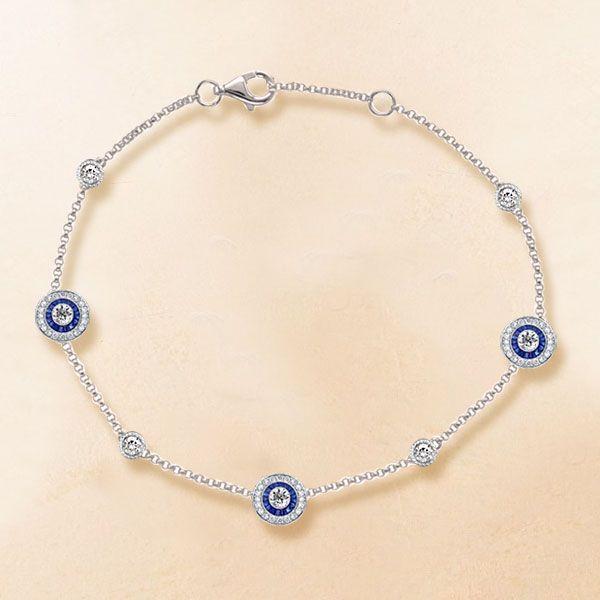 Blue Sapphire & Sterling Silver Vintage Halo Charm Bracelet - Chain Bracelet