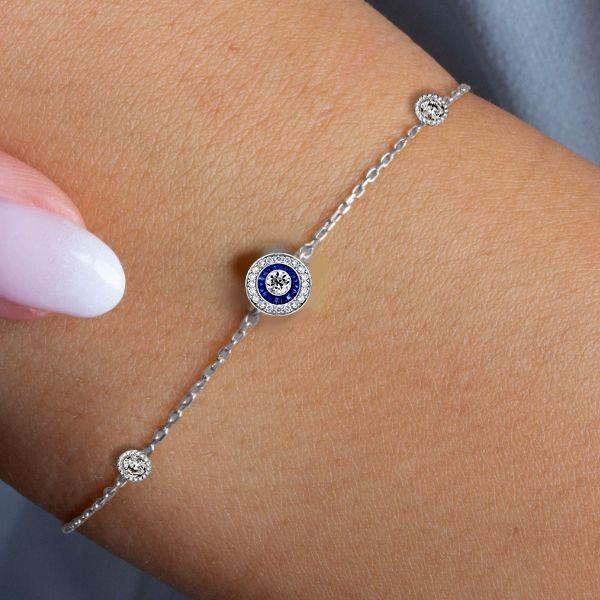 Blue Sapphire & Sterling Silver Vintage Halo Charm Bracelet - Chain Bracelet