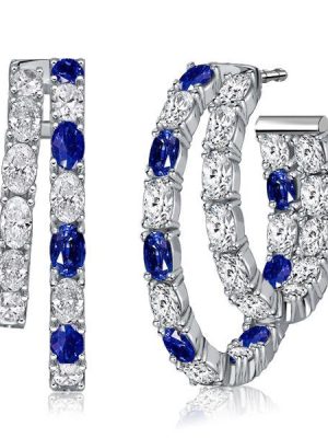 Blue & White Oval Cut Double Hoop Earrings - 925 Sterling Silver