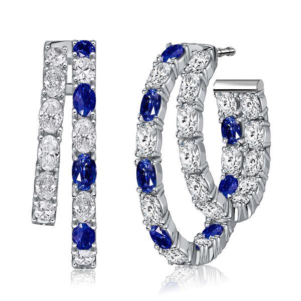 Blue & White Oval Cut Double Hoop Earrings - 925 Sterling Silver