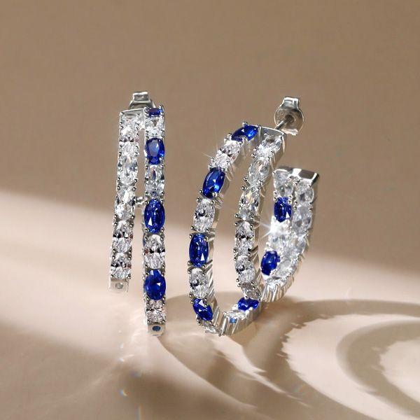 Blue & White Oval Cut Double Hoop Earrings - 925 Sterling Silver