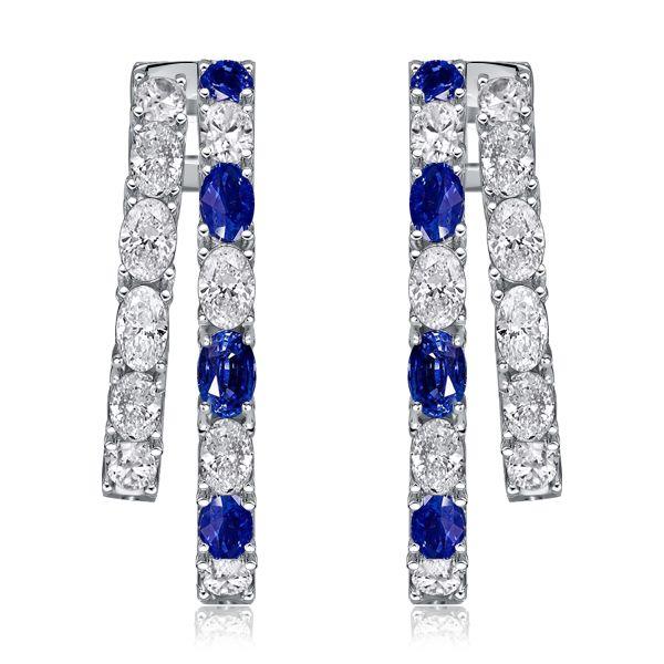 Blue & White Oval Cut Double Hoop Earrings - 925 Sterling Silver