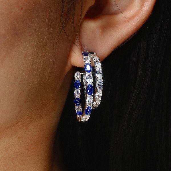 Blue & White Oval Cut Double Hoop Earrings - 925 Sterling Silver