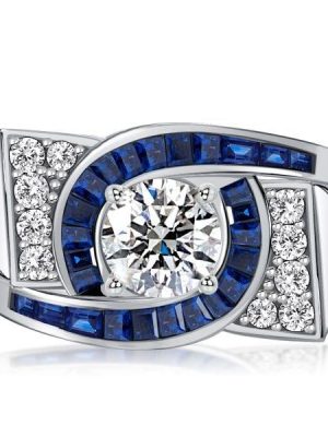 Art Deco Blue Sapphire Engagement Ring, 2.07 CT. TW. in Sterling Silver with Rhodium Finish