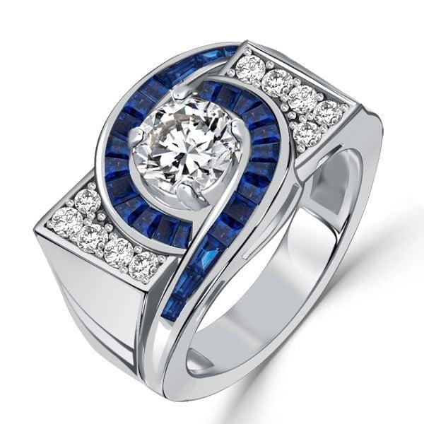 Art Deco Blue Sapphire Engagement Ring, 2.07 CT. TW. in Sterling Silver with Rhodium Finish
