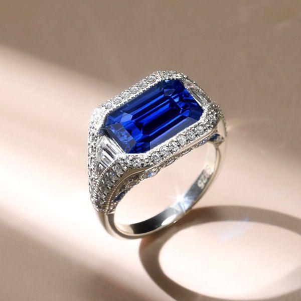 Vintage Emerald Cut Blue Sapphire Engagement Ring - 925 Sterling Silver