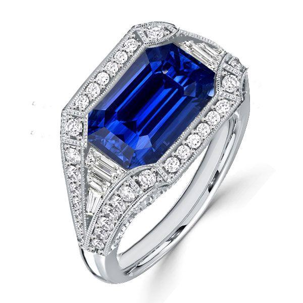Vintage Emerald Cut Blue Sapphire Engagement Ring - 925 Sterling Silver