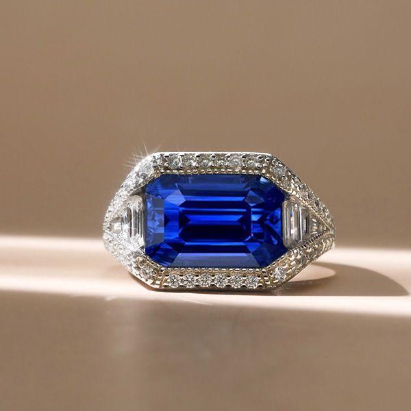 Vintage Emerald Cut Blue Sapphire Engagement Ring - 925 Sterling Silver