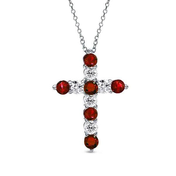 Sterling Silver Garnet and White Sapphire Cross Pendant Necklace for Women
