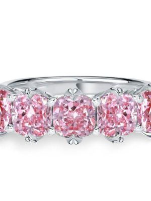 Pink Sapphire Five Stone Ring - Sterling Silver Cushion Cut Wedding Band