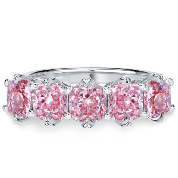 Pink Sapphire Five Stone Ring - Sterling Silver Cushion Cut Wedding Band