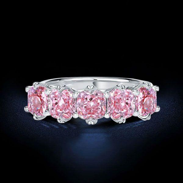 Pink Sapphire Five Stone Ring - Sterling Silver Cushion Cut Wedding Band