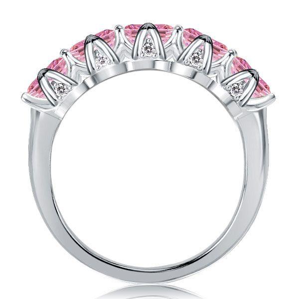 Pink Sapphire Five Stone Ring - Sterling Silver Cushion Cut Wedding Band