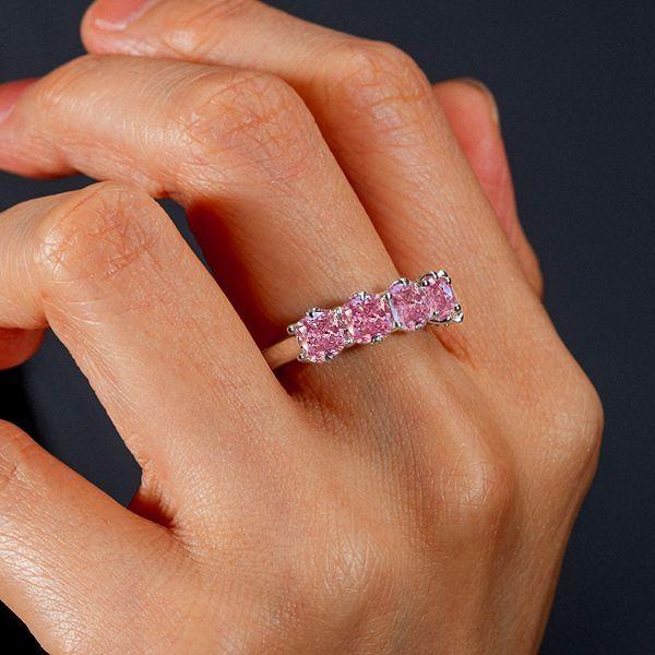 Pink Sapphire Five Stone Ring - Sterling Silver Cushion Cut Wedding Band