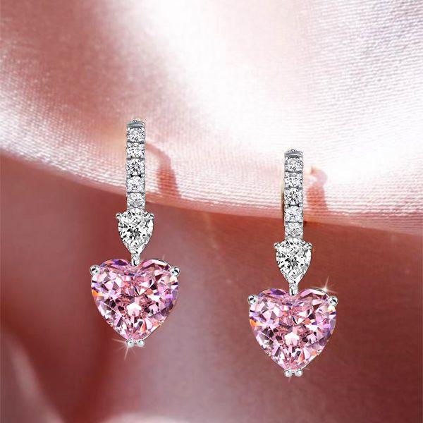 Heart & Pear Cut Pink Sapphire Drop Earrings - Sterling Silver