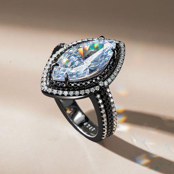 Black Marquise Cut White Sapphire Engagement Ring - 925 Sterling Silver