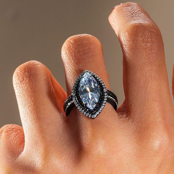 Black Marquise Cut White Sapphire Engagement Ring - 925 Sterling Silver