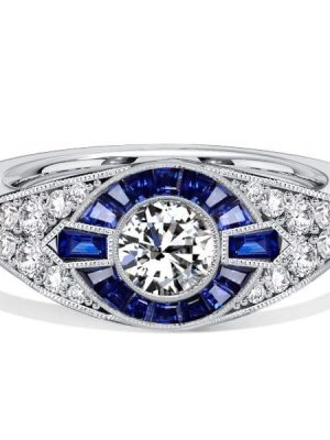 Art Deco Vintage Blue Sapphire Ring in 925 Sterling Silver, 1.41 CTW