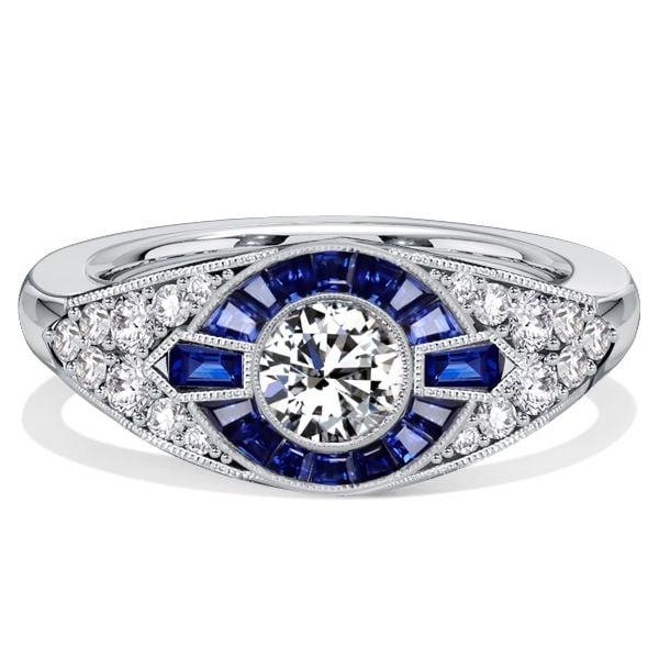 Art Deco Vintage Blue Sapphire Ring in 925 Sterling Silver, 1.41 CTW