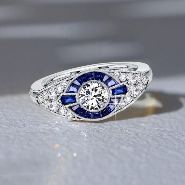 Art Deco Vintage Blue Sapphire Ring in 925 Sterling Silver, 1.41 CTW