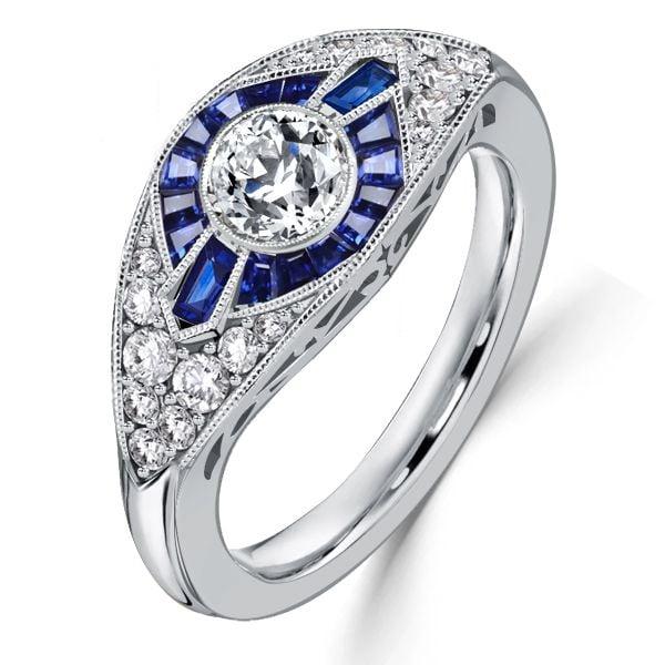 Art Deco Vintage Blue Sapphire Ring in 925 Sterling Silver, 1.41 CTW